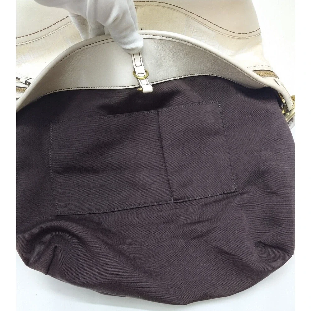 Coach Signature Of-White Canvas Leather Trim Zipper Pockets Hobo Shoulder Bag